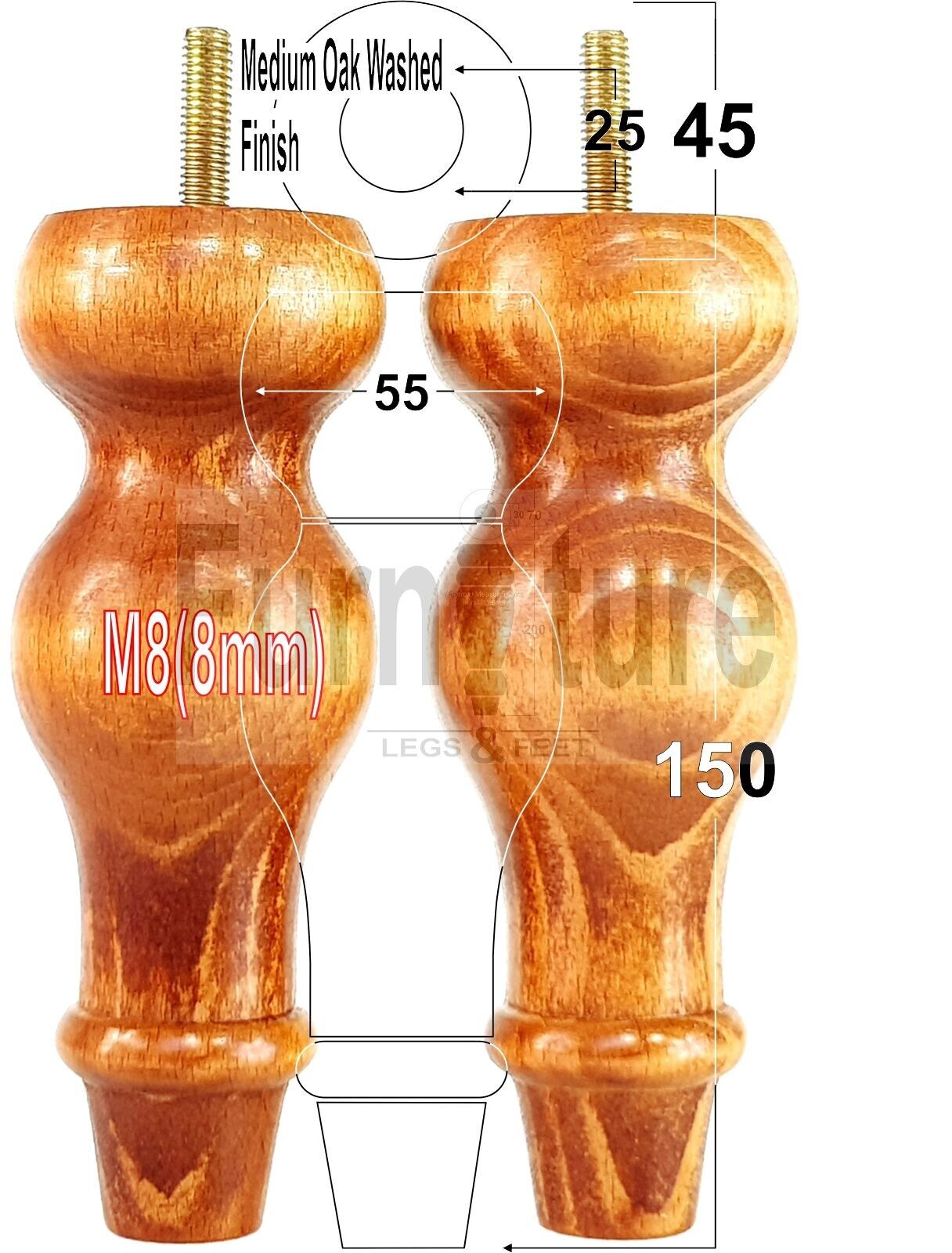 Set Of 4 Solid Wood Turned Furniture Feet Replacement Legs 150mm High 8mm Thread