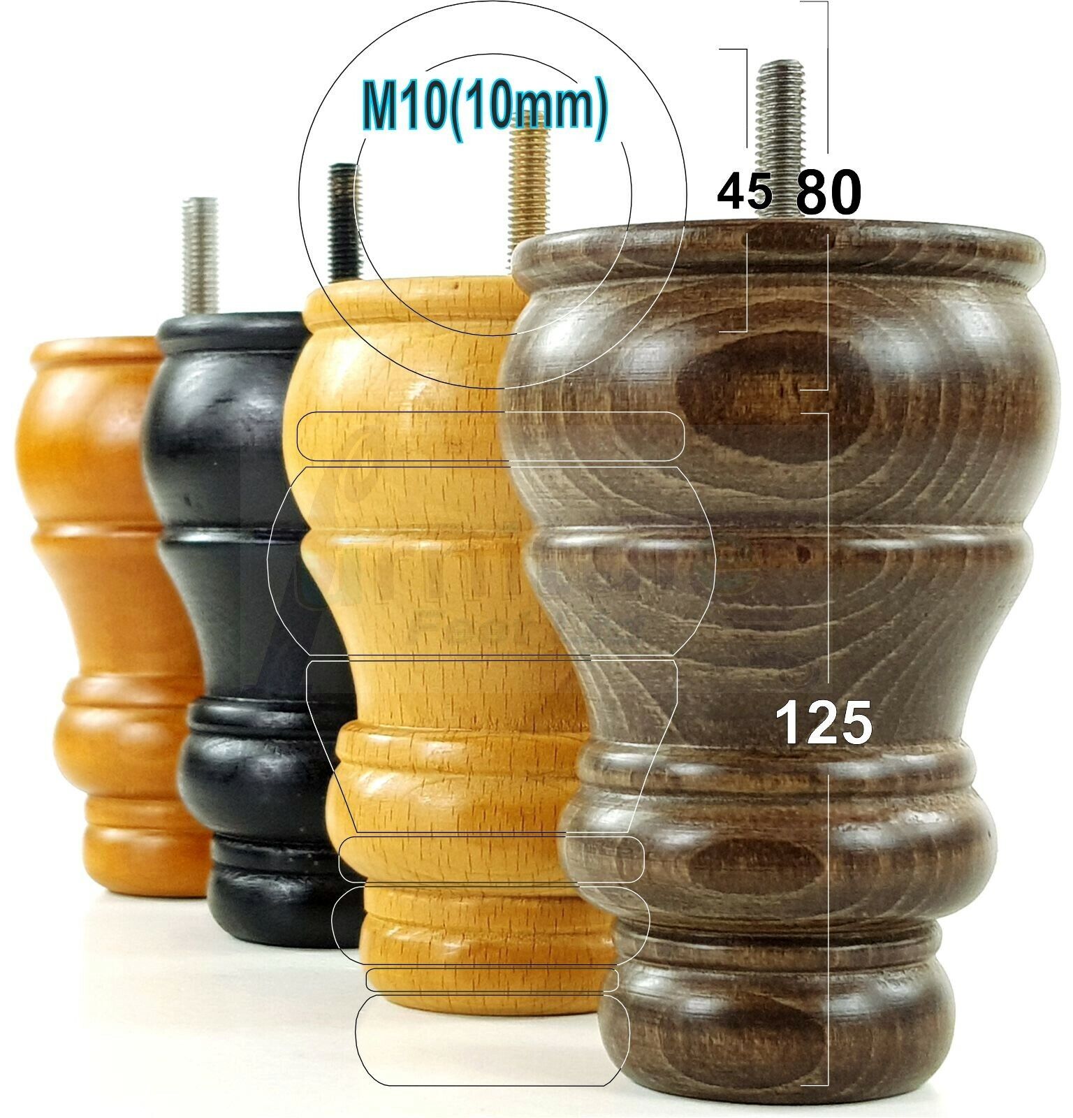 4 Turned Wood Furniture Legs M10 Thread Replacement Feet 125mm High Sofa Chairs Beds