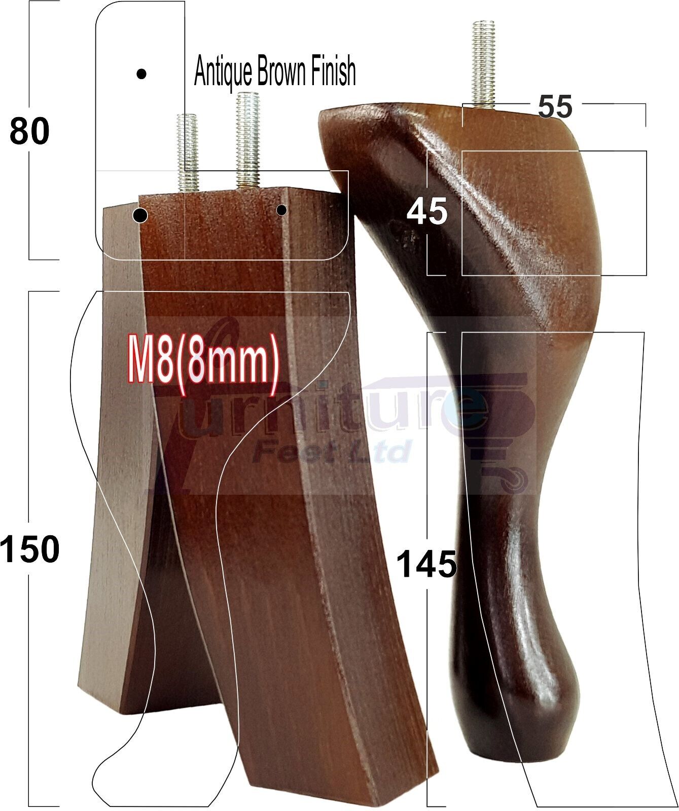 2x Vintage Queen Anne Replacement Furniture Legs & 2x Curved Back Feet 150mm 6 Inch High 8mm Thread