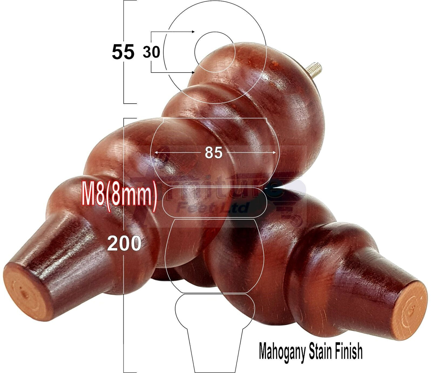 Solid Wood Furniture Feet Replacement Turned Legs 200mm High Chairs Stools Sofa's Beds Settee Cabinets M8 Various Colours Set of 4