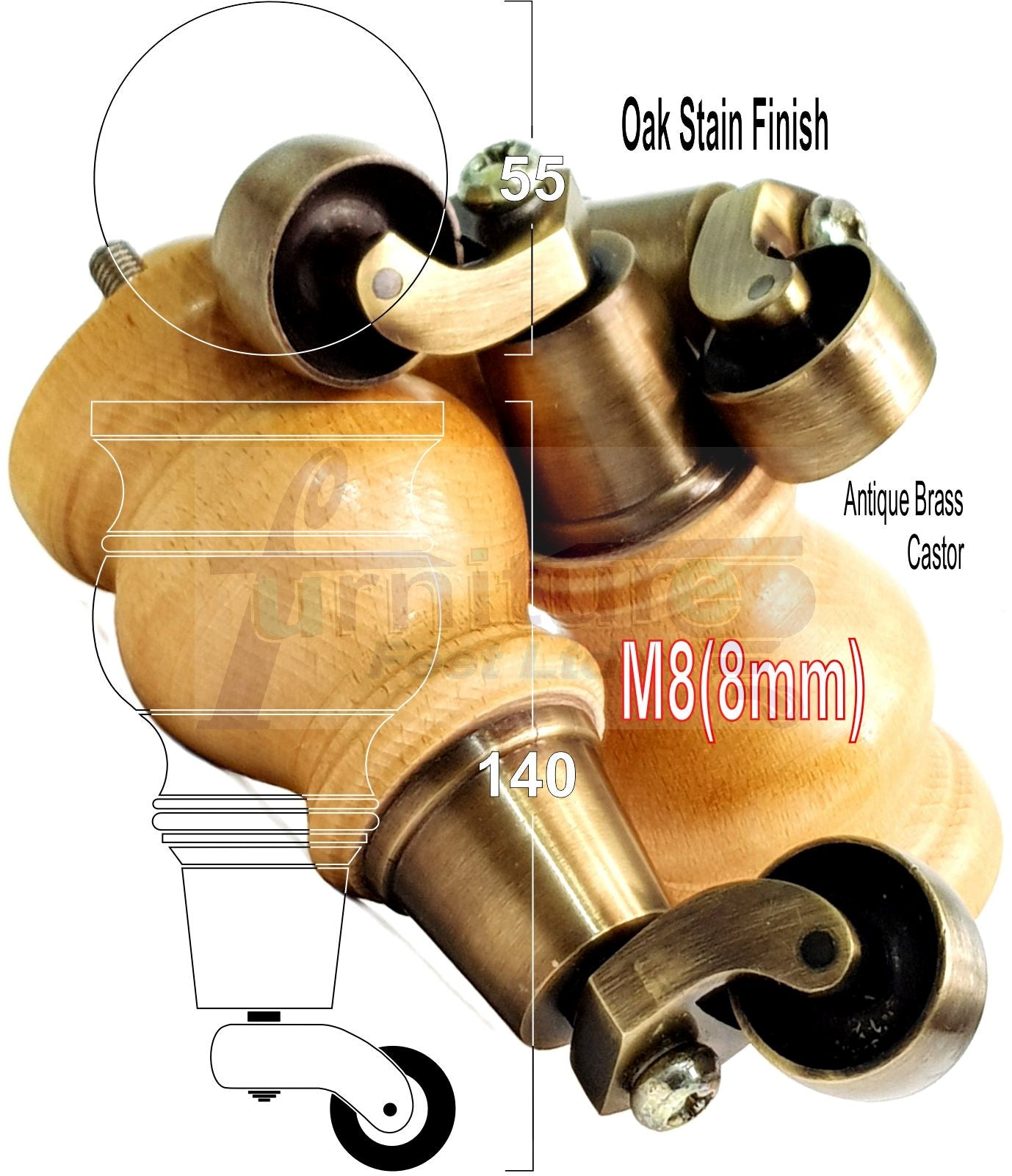 4x Turned Wood Furniture Legs With Antique Castor 150mm High M8 For Settees Chairs & Cabinets