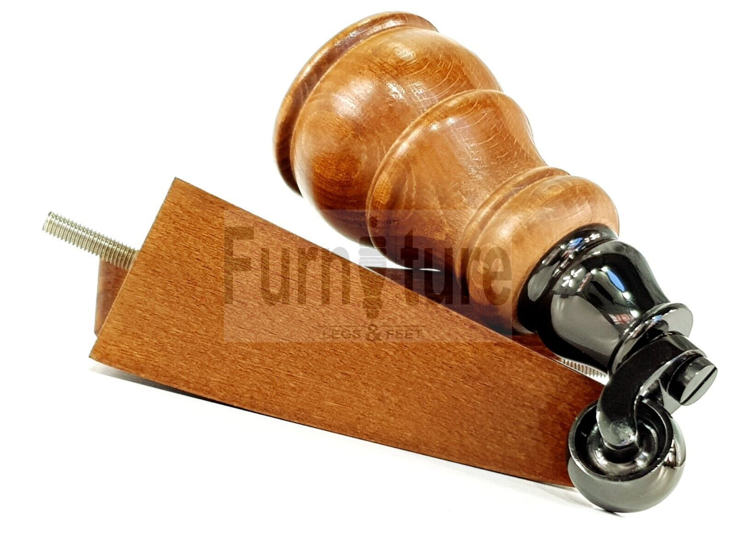 2 Wooden Castor Furniture Sofa Legs & 2 Curved Back Feet  Dark Oak Stain M8 Chair Settee Feet 160mm High