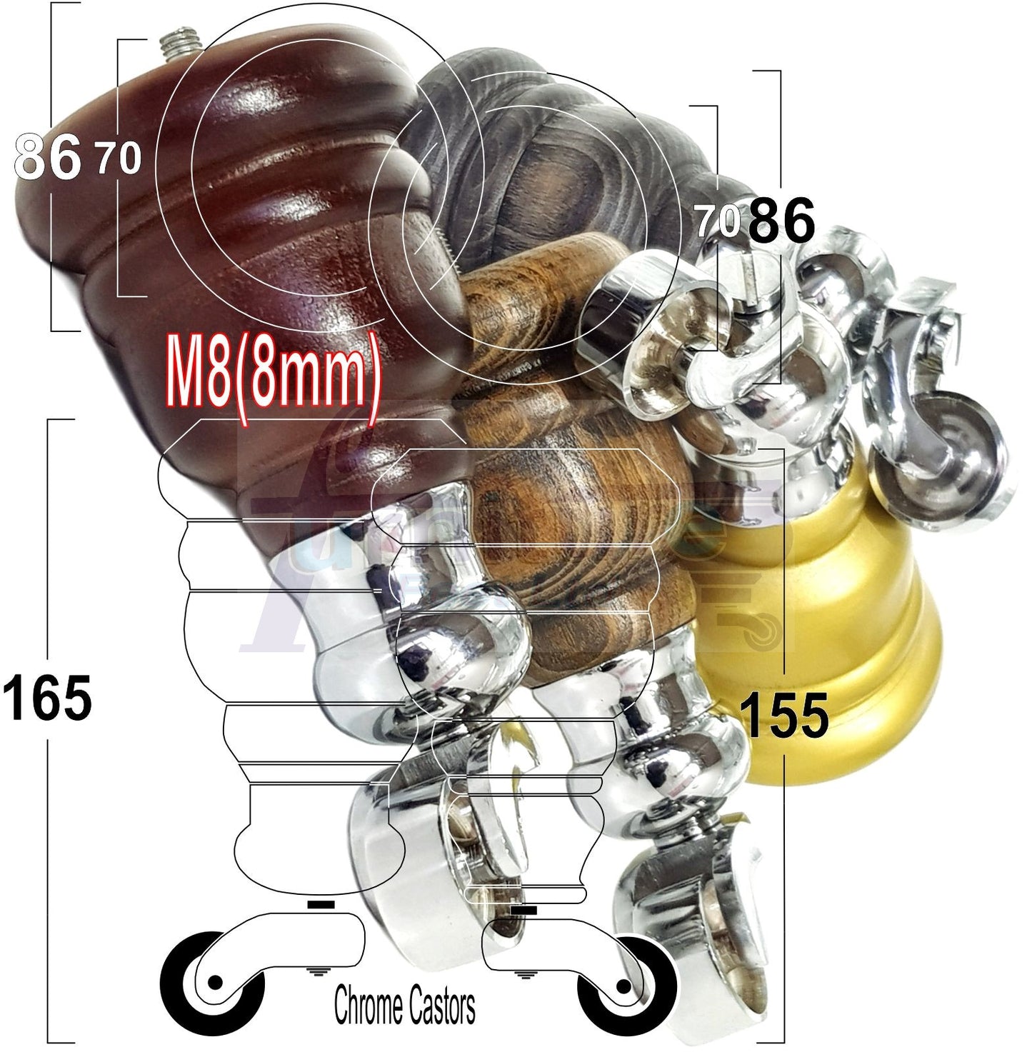 4 Turned Wood Furniture Feet With Chrome Cauldron Castors 155mm Legs Sofas Chairs Stools Cabinets Beds M8 6 Inches