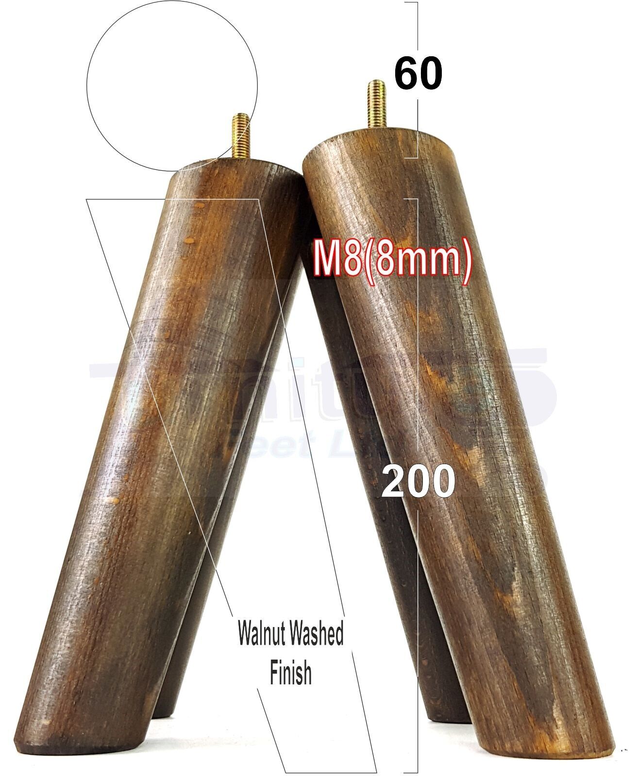 4 Solid Wood Turned Furniture Feet Replacement Mid Centry Angled Retro Legs 200mm High M8 Sofa Chairs Stools Cabinets Beds