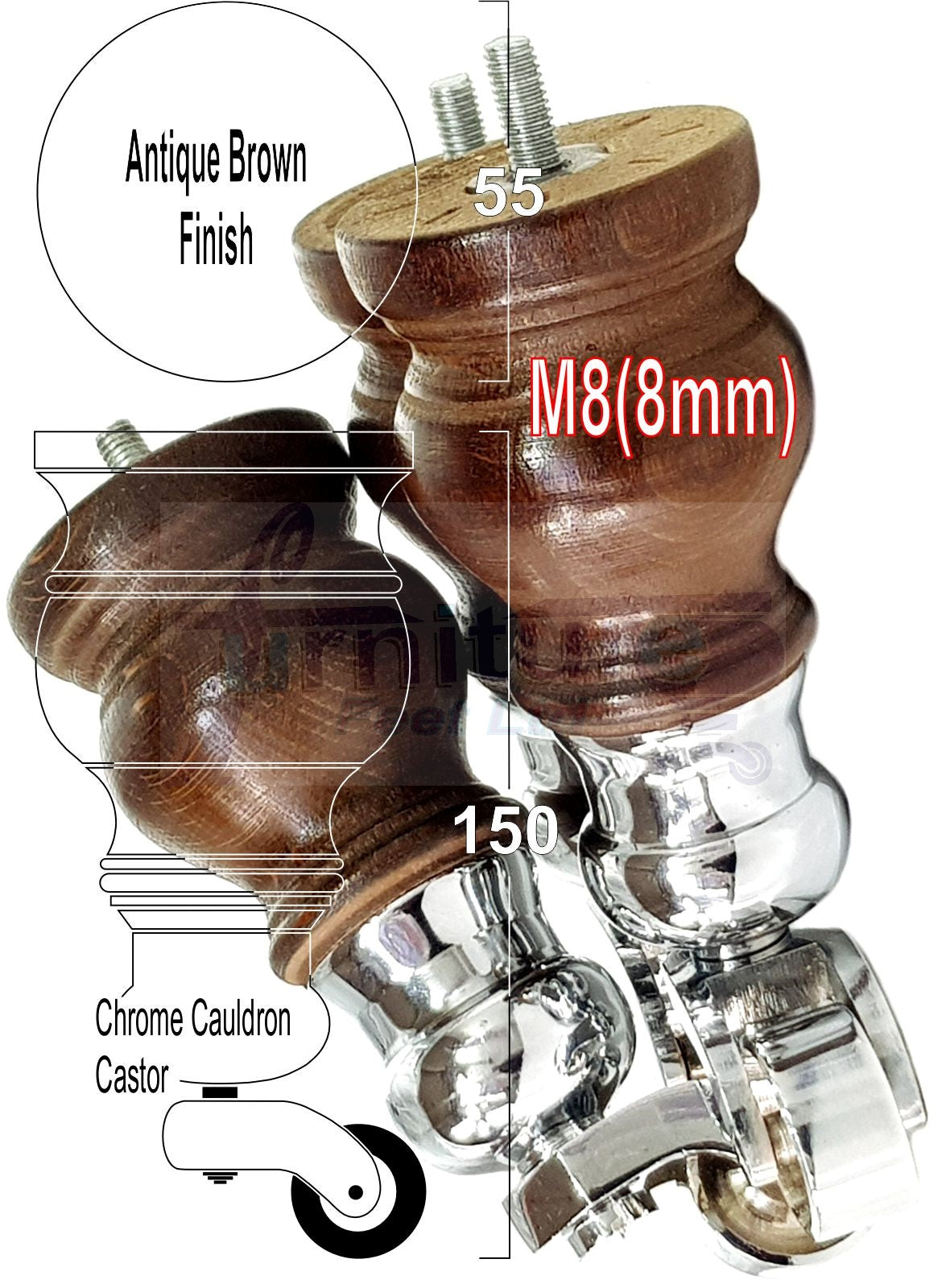 Set Of 4 Turned Wood Furniture Legs With 140mm High Castor 8mm Thread For Chairs Settees & Cabinets Antique Brown