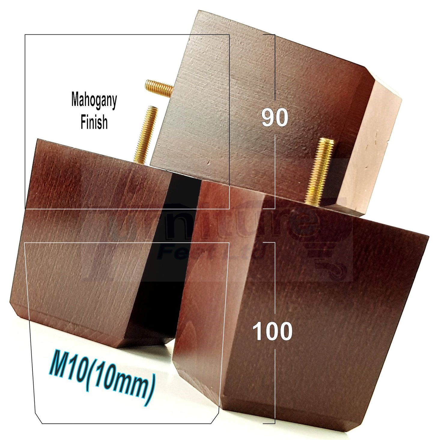4x Solid Wood Square Furniture Legs Block Replacement Feet 100mm M10 Thread