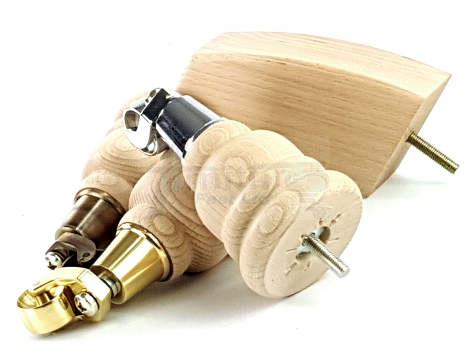 Turned Furniture Feet 2 With Castors 155mm and 2 Curved Back Legs Raw Wood for Sofas Chairs Stools Cabinets Beds M8 6 Inches