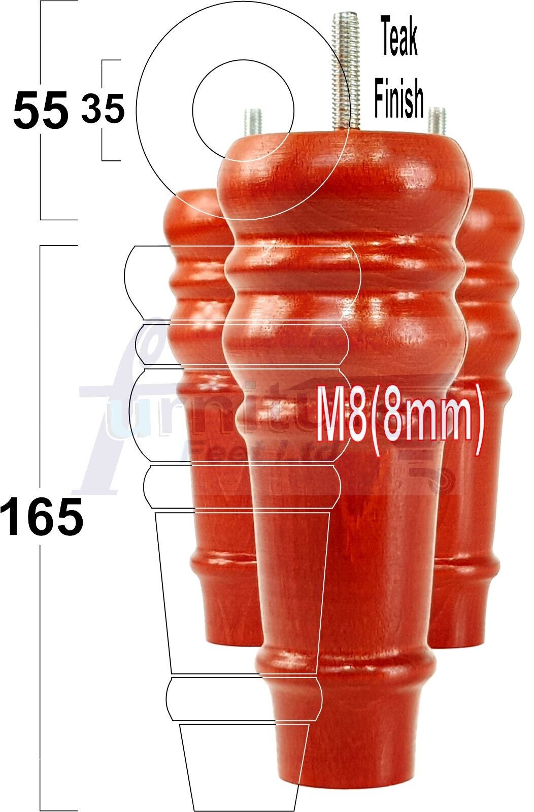 4 Wood Turned Furniture Legs Replacement Bun Feet 165mm High Multiple Colours 6.5 Inches Chairs Stools Sofa's Beds Settee Cabinets M8