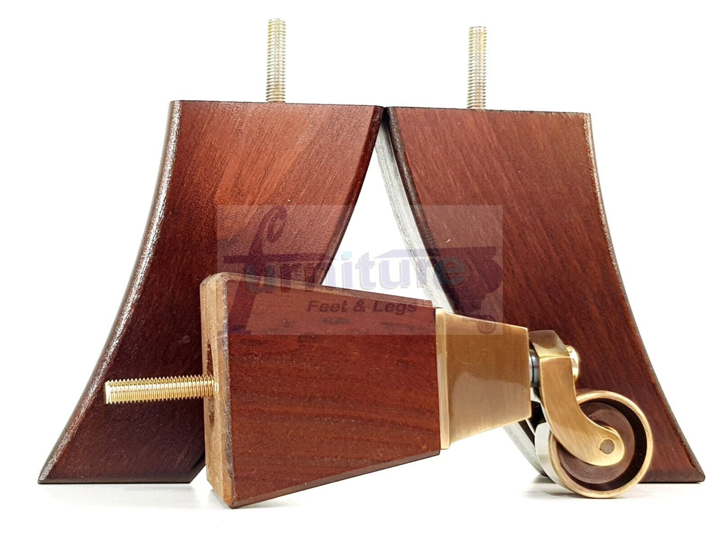 2x Cuved Wood Furniture Legs & 2x Antique Castor Feet 150mm High For Chairs Sofas Settees 8mm Thread
