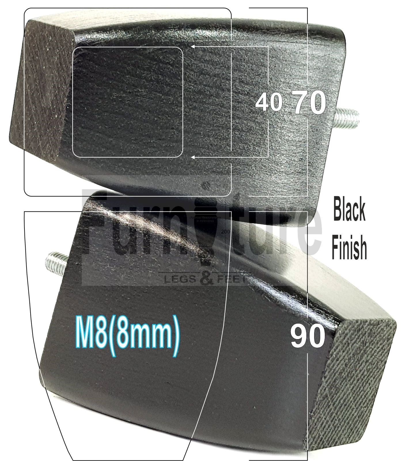 Set Of 4 Solid Wooden Block Furniture Feet Replacement Legs 90mm High M8(8mm)