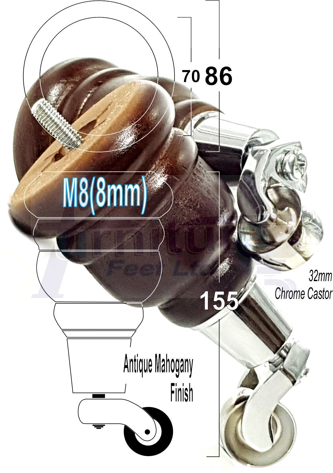 4 Turned Wood Furniture Feet With Chrome Castors 155mm Legs Sofas Chairs Stools Cabinets Beds M8 6 Inches