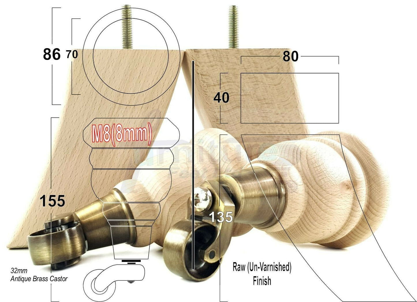 Turned Furniture Feet 2 With Castors 155mm and 2 Curved Back Legs Raw Wood for Sofas Chairs Stools Cabinets Beds M8 6 Inches