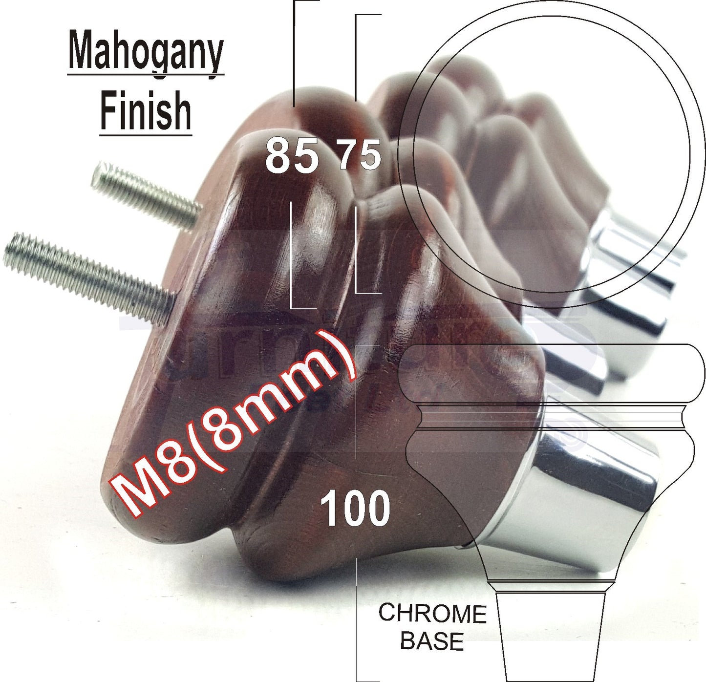 4x Turned Wood Furniture Feet M8(8mm) With A Chrome Slipper Cup Chair Sofa Settee Legs 100mm