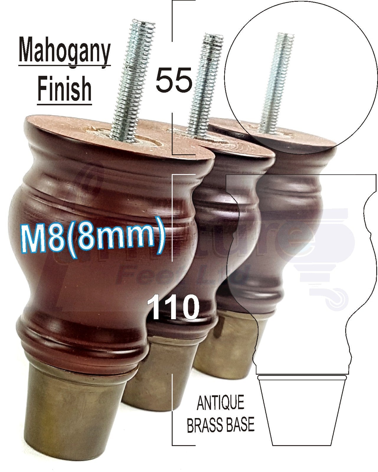 4x Turned Wood Furniture Feet M8(8mm) With Slipper Cup Chair Sofa Settee Legs 110mm