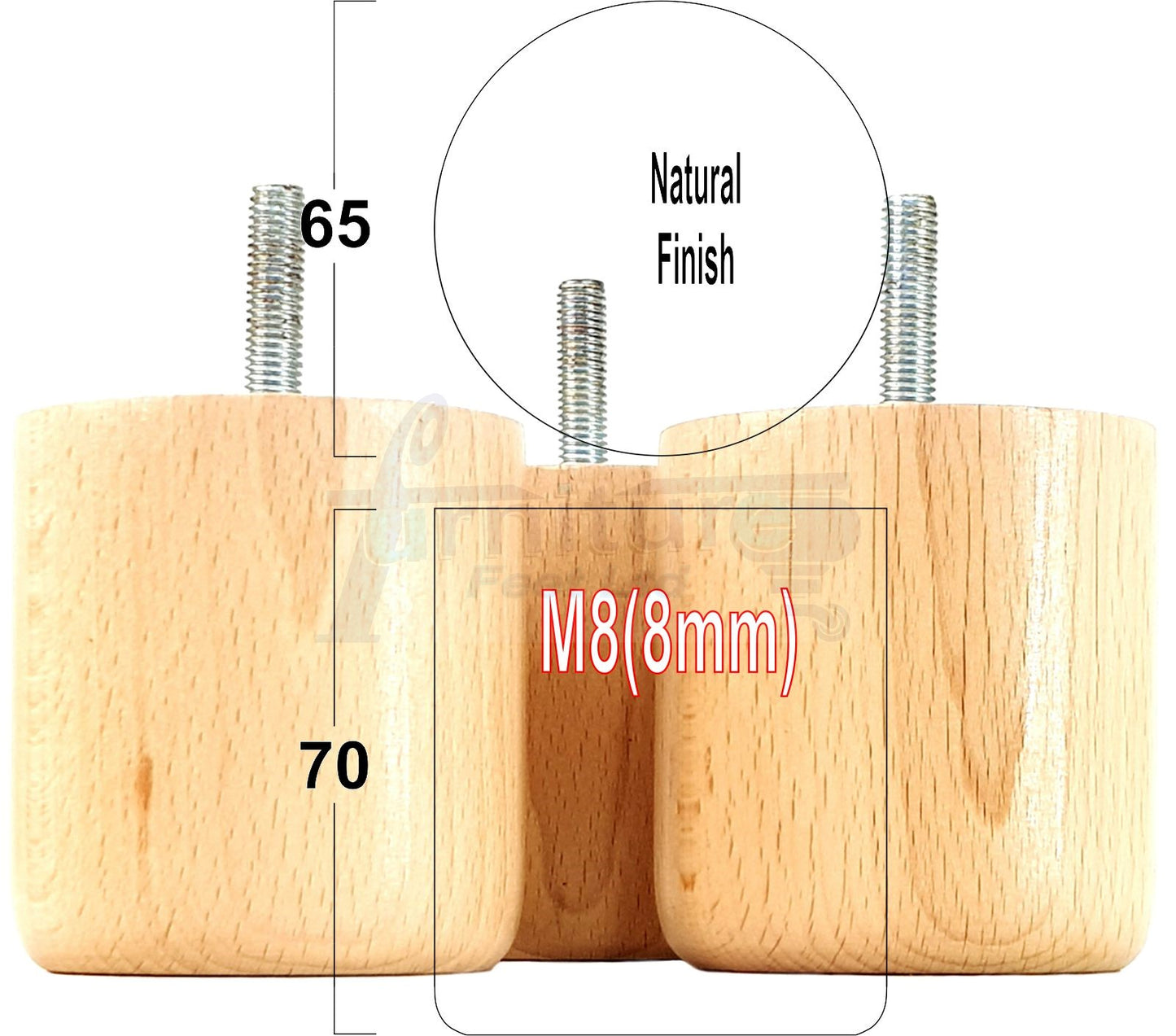 4x Solid Wood Turned Furniture Legs Replacement Bun Feet 70mm High 8mm Thread