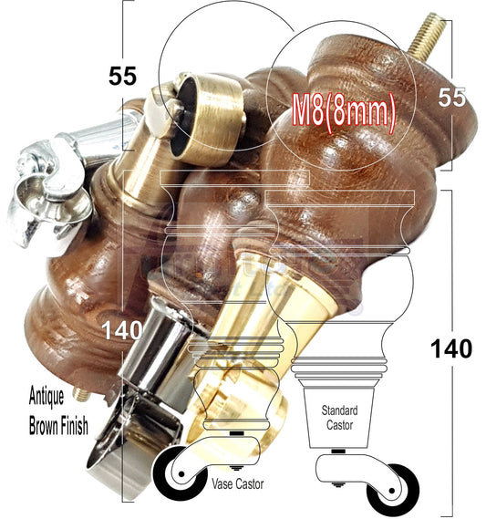 Set Of 4 Turned Wood Furniture Legs With 140mm High Castor 8mm Thread For Chairs Settees & Cabinets Antique Brown