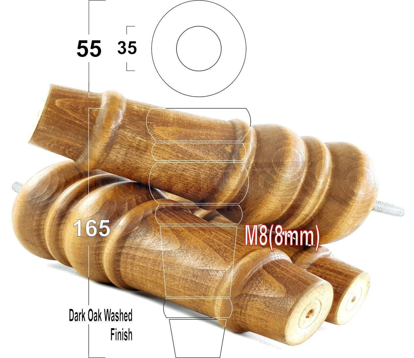 4 Wood Turned Furniture Legs Replacement Bun Feet 165mm High Multiple Colours 6.5 Inches Chairs Stools Sofa's Beds Settee Cabinets M8