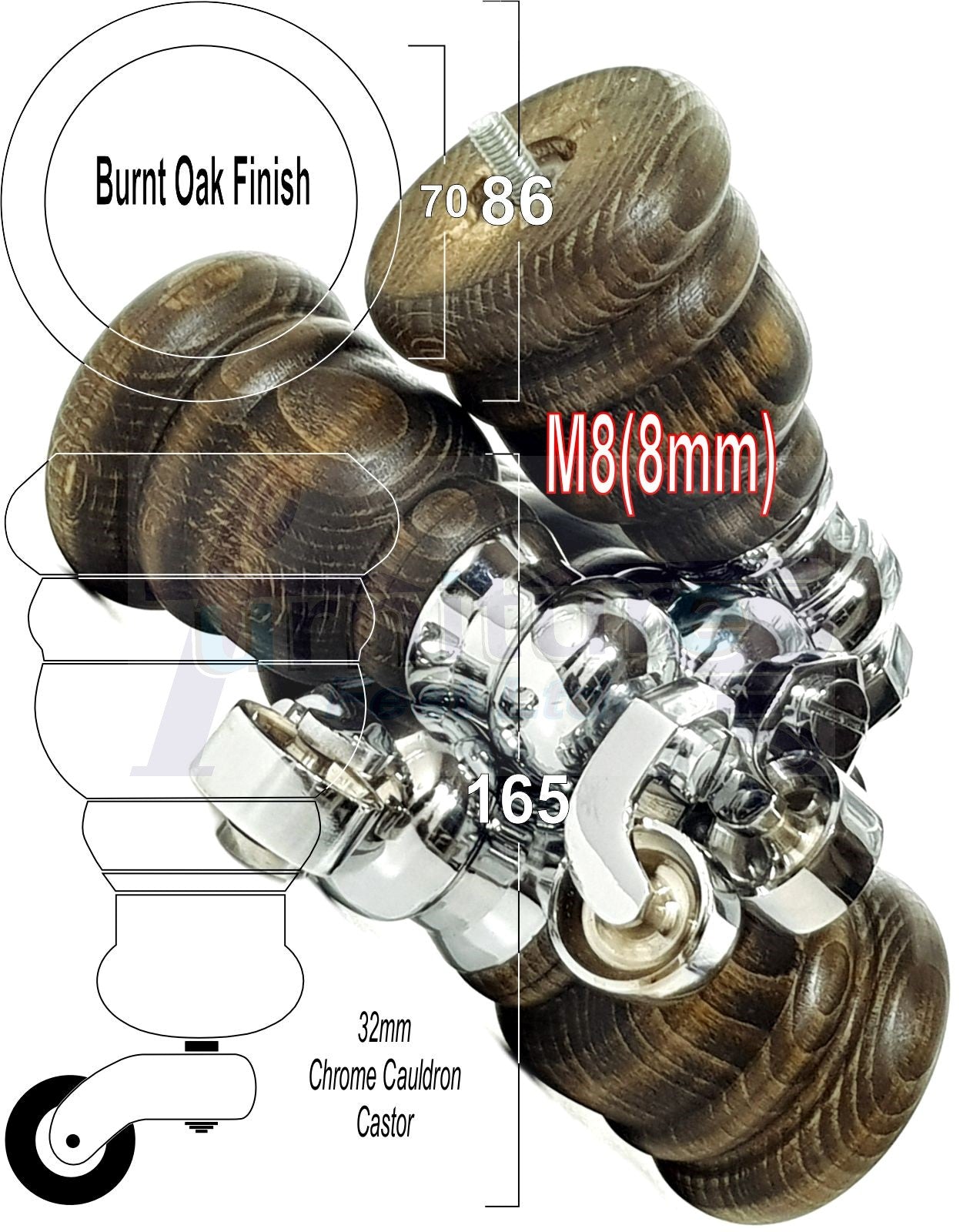 4 Turned Wood Furniture Feet With Chrome Cauldron Castors 155mm Legs Sofas Chairs Stools Cabinets Beds M8 6 Inches