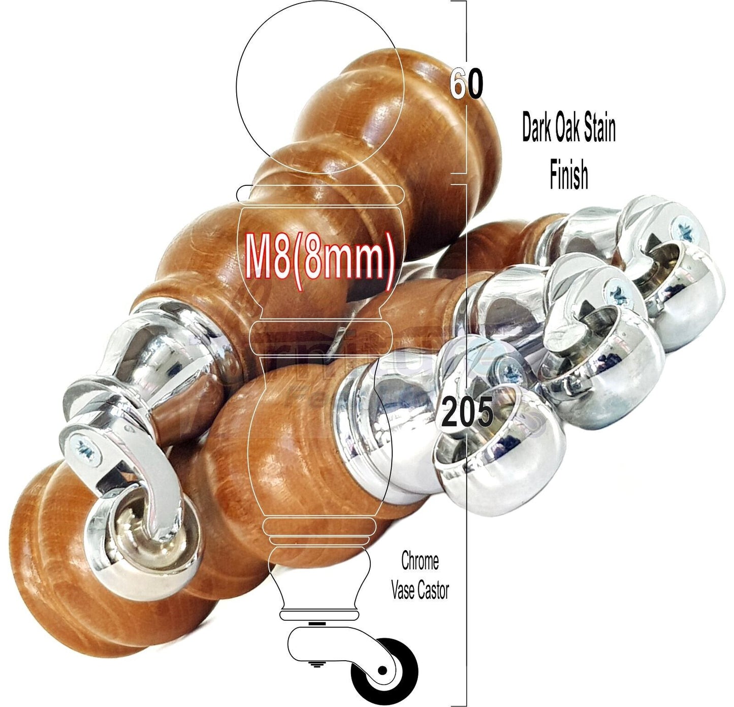 4x Furniture Feet With Castor 205mm High Legs Dark Oak Wood M8 Sofas Chairs Stools Cabinets 8 Inches Tall
