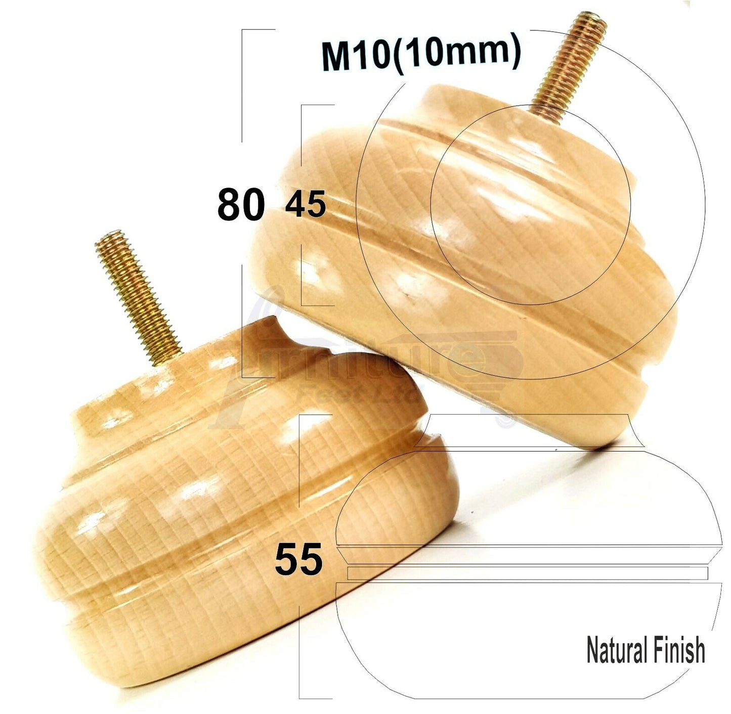 4 Wood Turned Replacement Furniture Legs Sofa, Chair, Settee Feet 55mm High M10 Thread