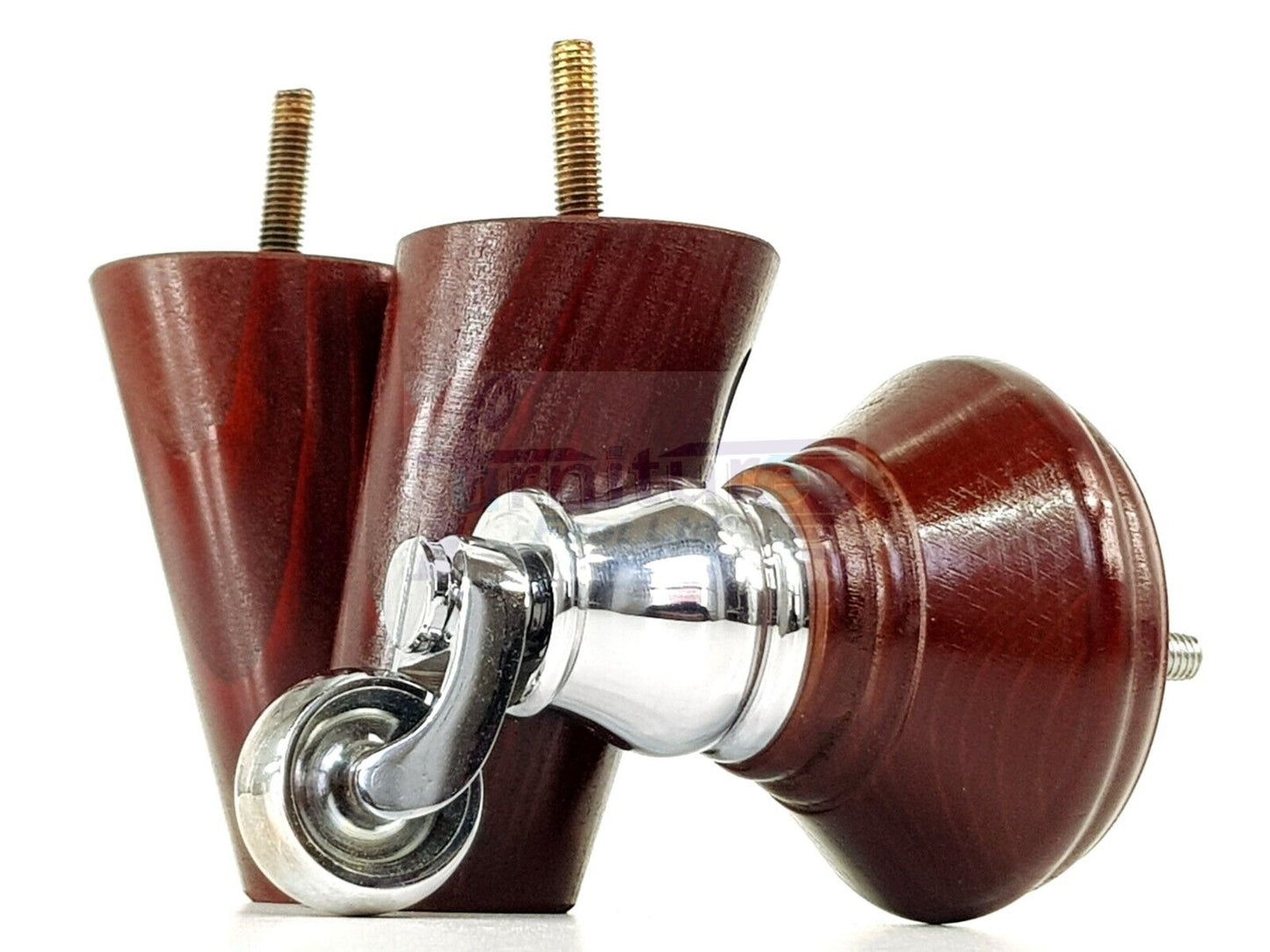 2 Mahogany Wood Furniture Sofa Legs With Castor 125mm & 2 Angled Back Feet Chair Settee 100mm High M8