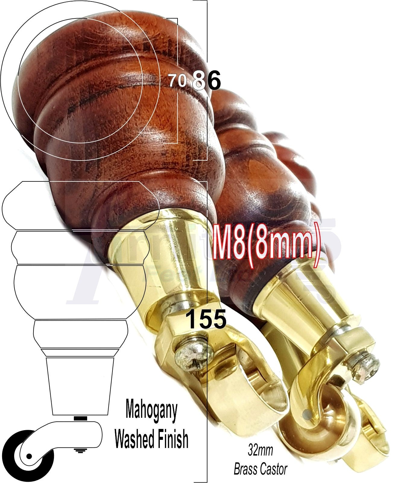 4 Turned Wood Furniture Feet With Brass Castors 155mm Legs Sofas Chairs Stools Cabinets Beds M8 6 Inches