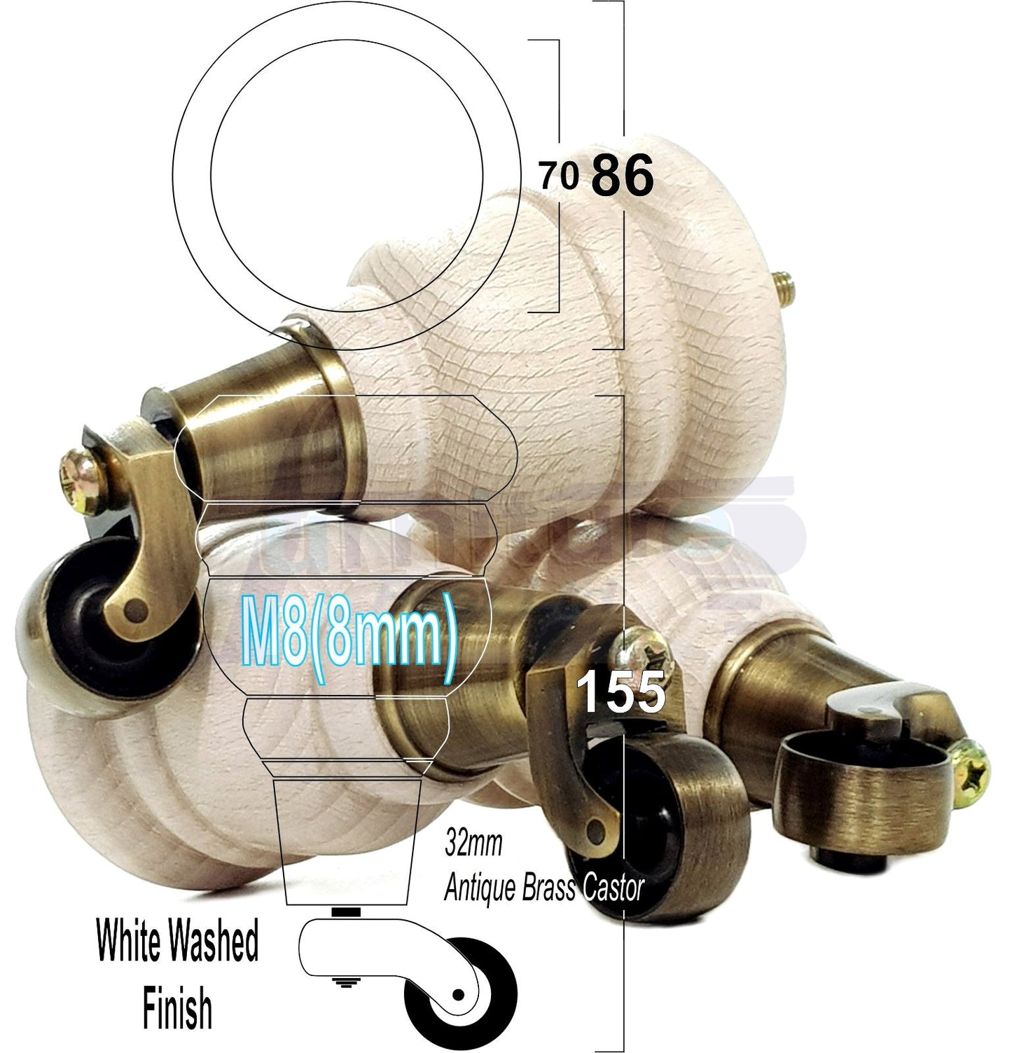 4 Turned Wood Furniture Feet With Antique Brass Castors 155mm Legs Sofas Chairs Stools Cabinets Beds M8 6 Inches