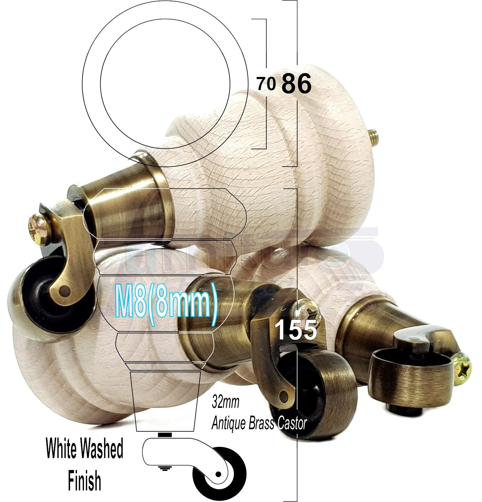 4 Turned Wood Furniture Feet With Antique Brass Castors 155mm Legs Sofas Chairs Stools Cabinets Beds M8 6 Inches