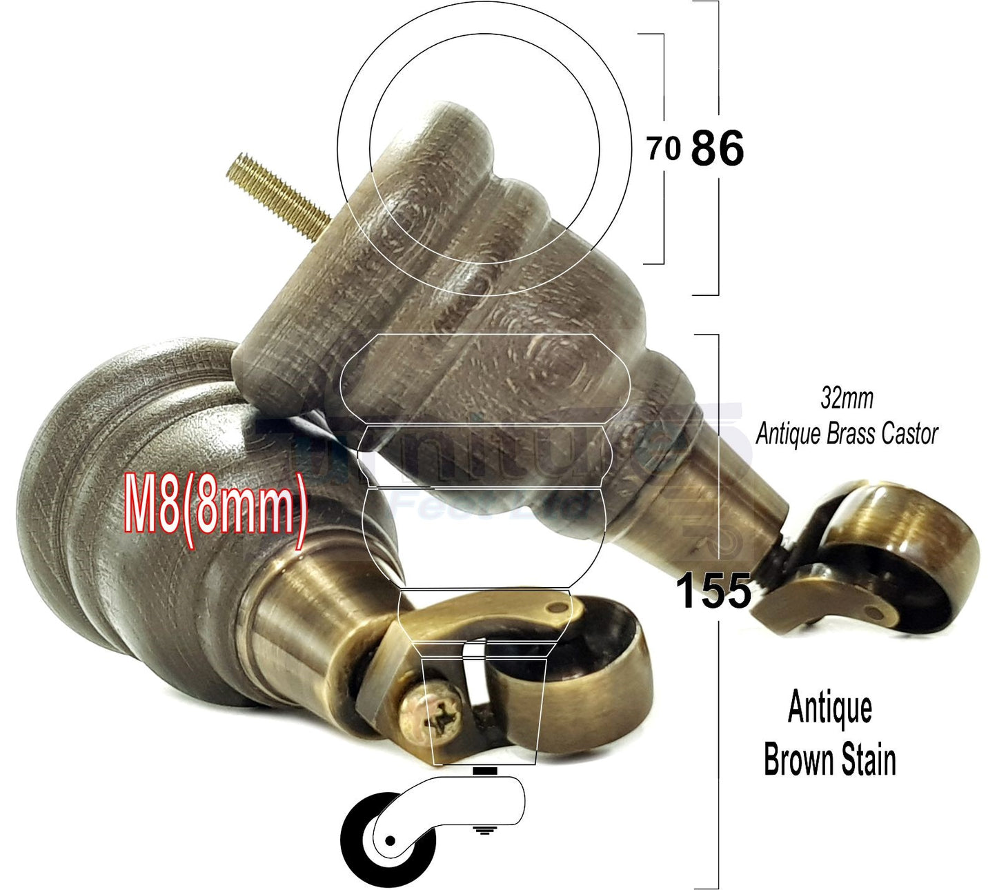 4 Turned Wood Furniture Feet With Antique Brass Castors 155mm Legs Sofas Chairs Stools Cabinets Beds M8 6 Inches