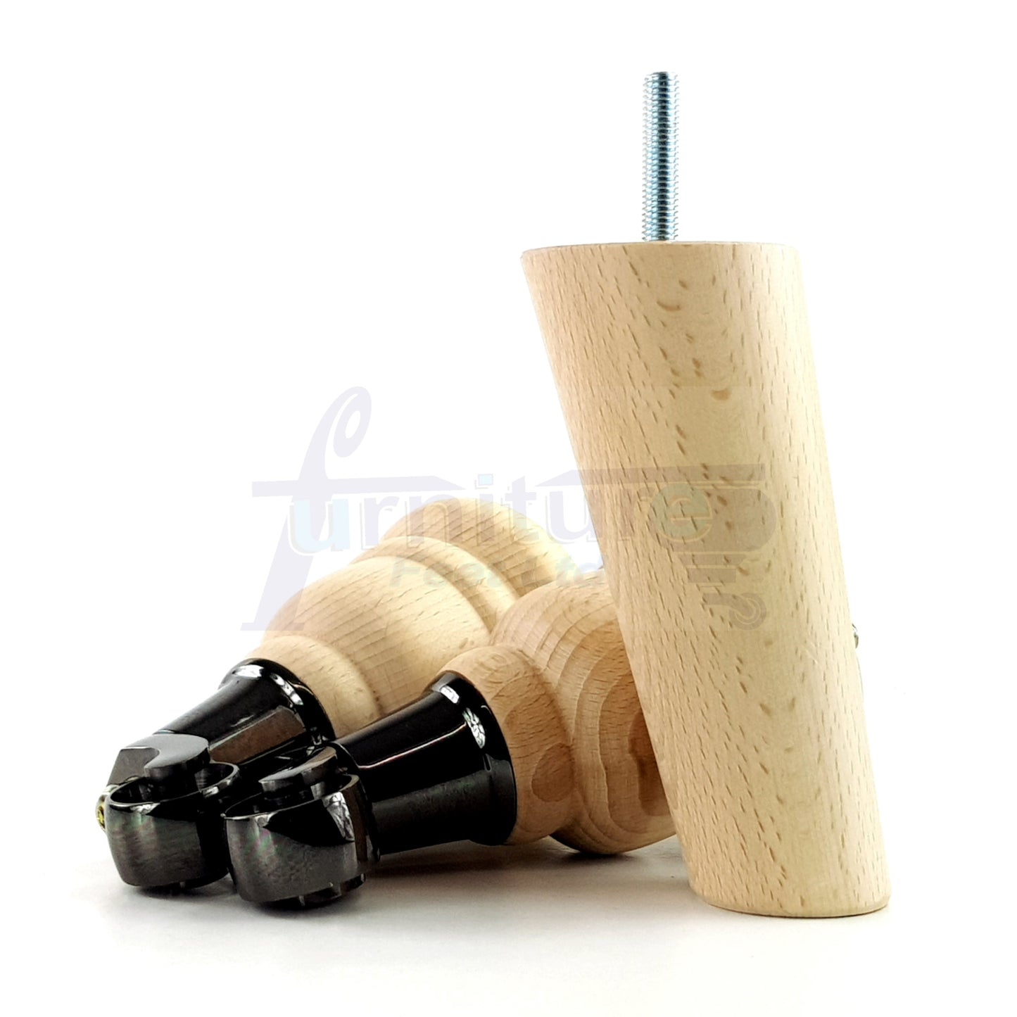Raw Turned Wood Replacement Furniture Legs 2x with Black Castors and 2x Angled Back Legs M8 Dowl Fitting 155mm High 6 Inches