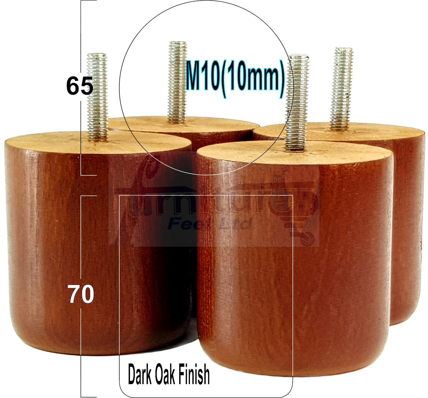 4x Solid Wood Turned Furniture Legs Replacement Bun Feet 70mm High 10mm Thread