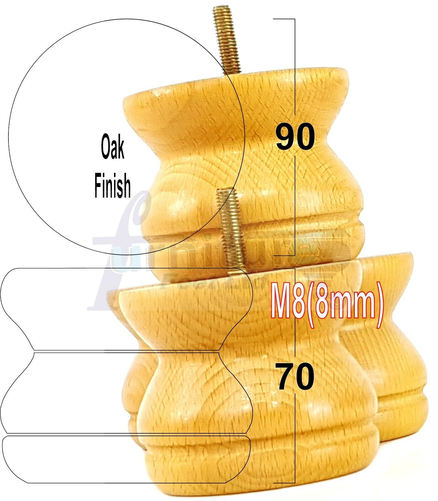 4x Turned Solid Wood Furniture Legs Replacement Bun Feet 70mm High 8mm Thread