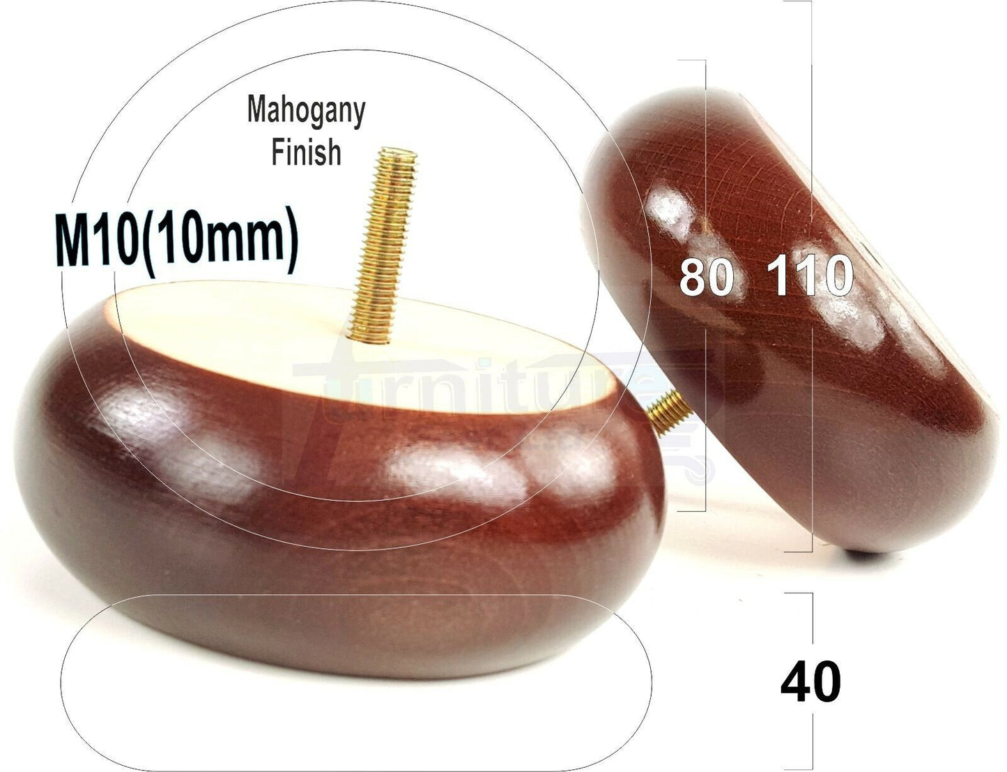 Set Of 4 Turned Wood Furniture Legs Chair Sofa Bed Replacement Bun Feet 40mm High M10 Thread