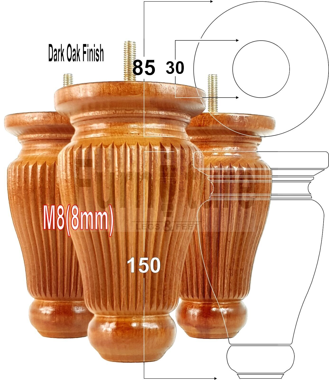 4 Solid Wood Traditional Turned Furniture Legs Replacement Bun Feet 150mm High Multiple Colours Chairs Stools Sofas Beds Settee Cabinets M8