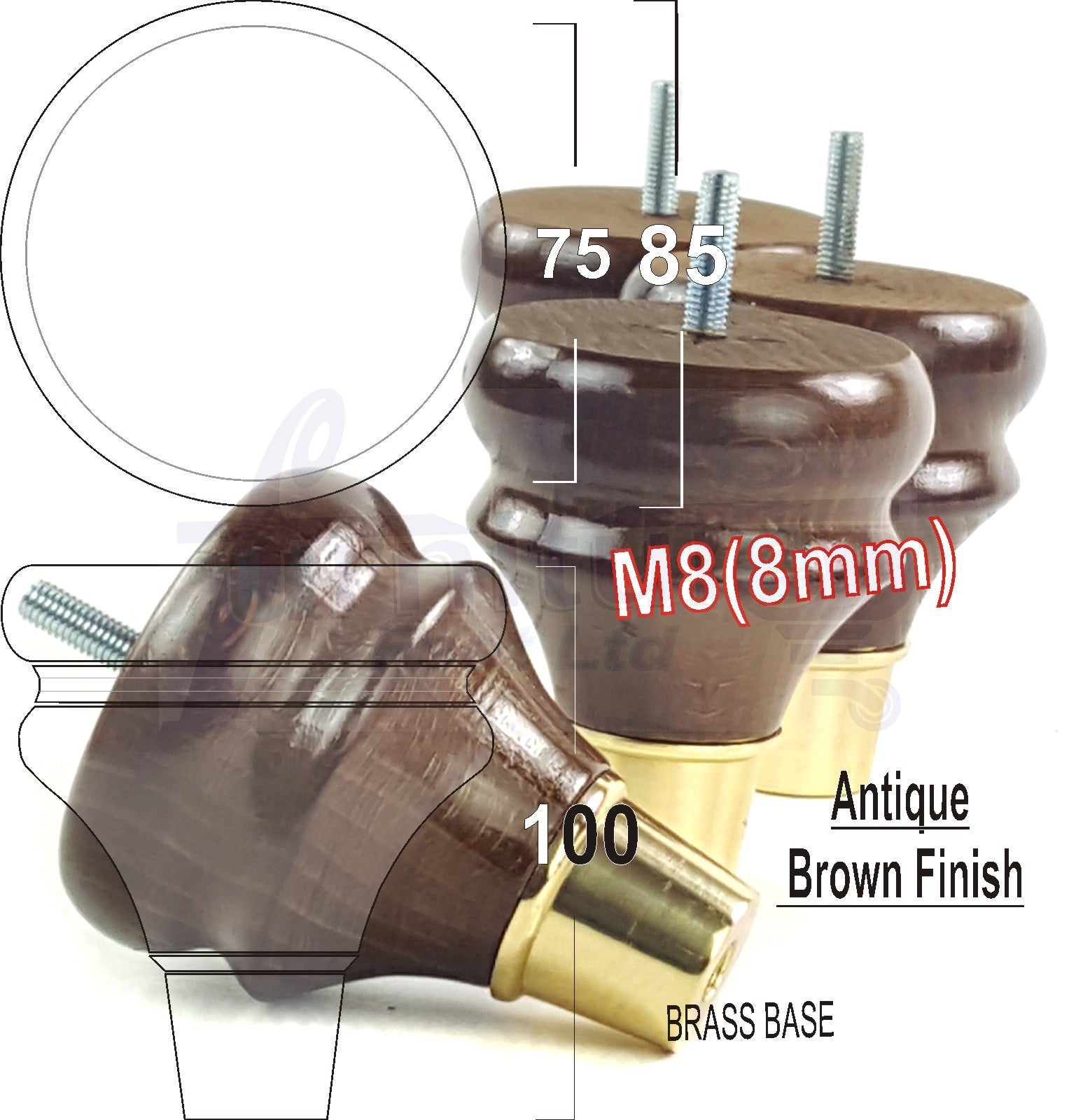 4x Turned Wood Furniture Feet M8(8mm) With Slipper Cup Chair Sofa Settee Legs 110mm