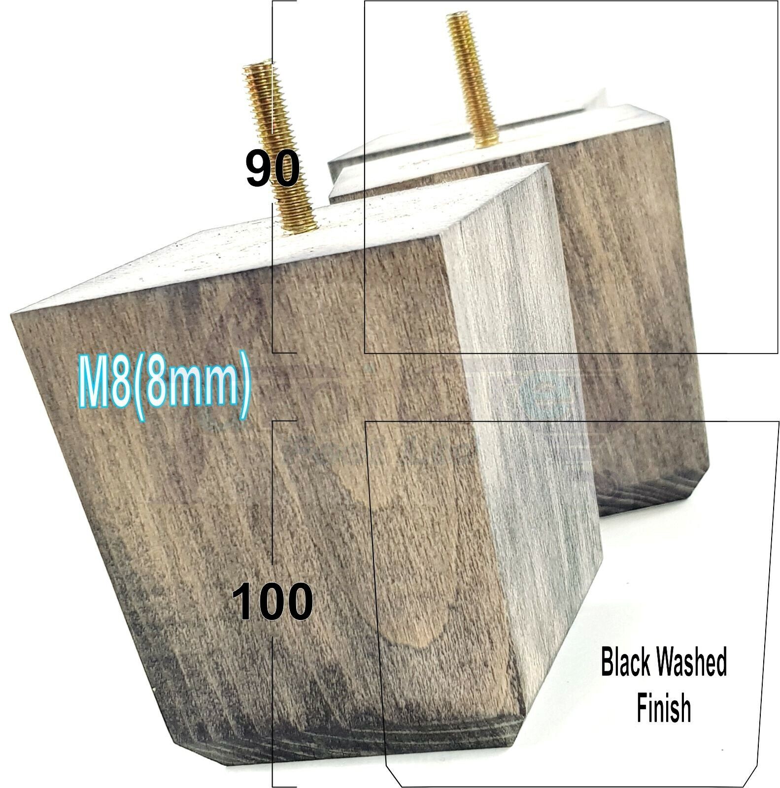 4x Solid Wood Square Furniture Legs Block Replacement Feet 100mm M8(8mm)