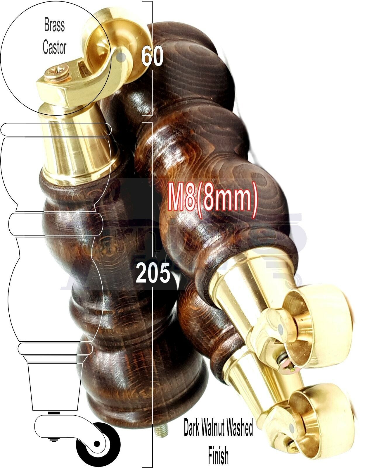 4x Furniture Feet With Castor 205mm High Legs Walnut Wood Finish M8 Sofas Chairs Stools Cabinets 8 Inches Tall