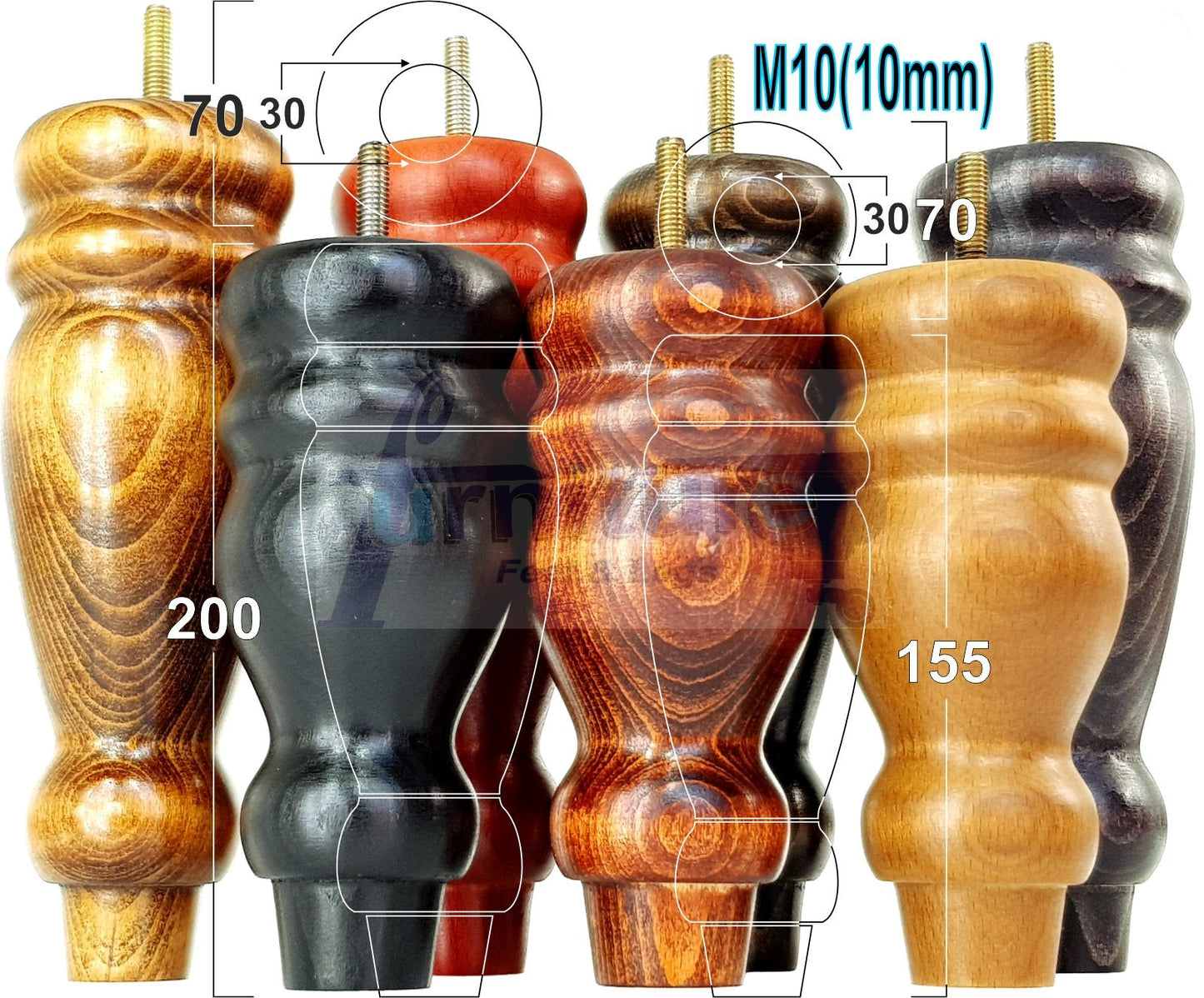Set Of 4 Turned Furniture Legs Replacement Sofa Feet 200mm Hight M10 Thread