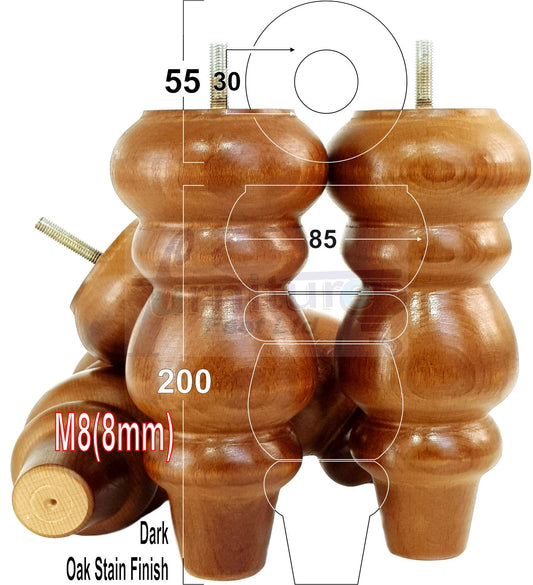 4 Solid Wood Furniture Legs Replacement Turned Feet 200mm High M8(8mm) Thread: Dark Oak