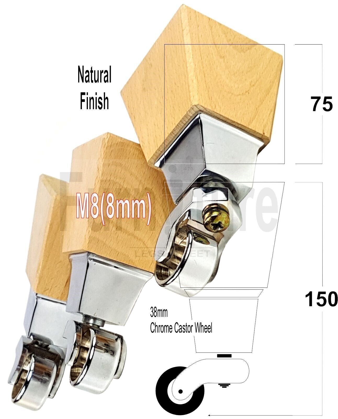4x Block Wood Furniture Legs With Chrome Castors For Sofa Chairs Settees 8mm Thread 150mm High