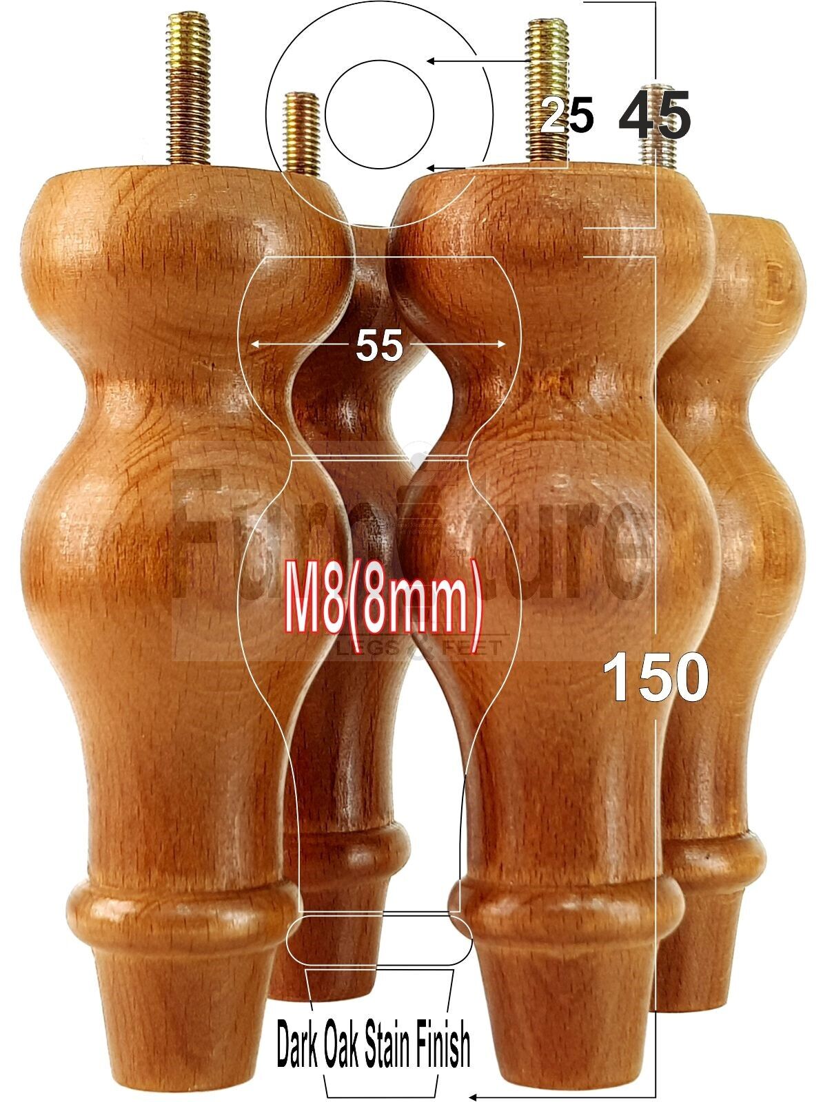 Set Of 4 Solid Wood Turned Furniture Feet Replacement Legs 150mm High 8mm Thread