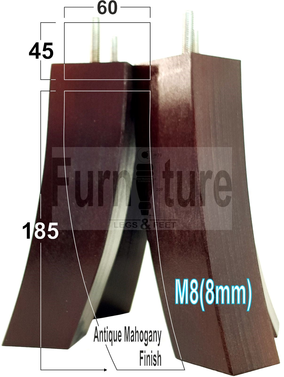 Set Of 4 Solid Wood Curved Furniture Feet Replacement Legs 185mm High M8(8mm)