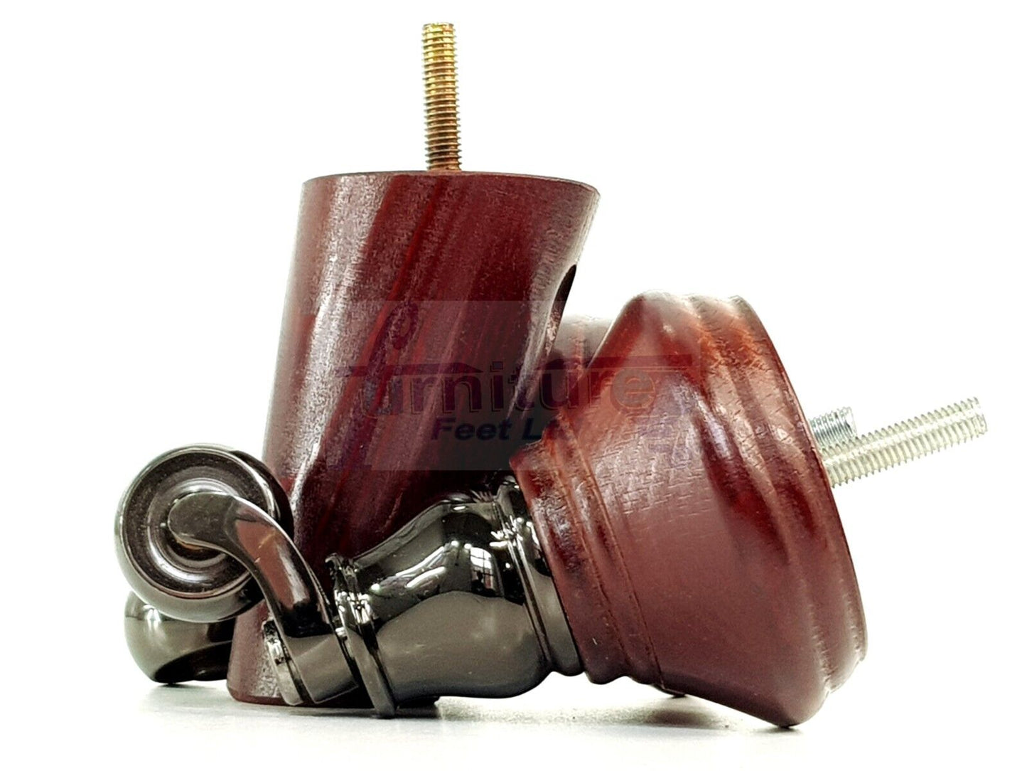 2 Mahogany Wood Furniture Sofa Legs With Castor 125mm & 2 Angled Back Feet Chair Settee 100mm High M8