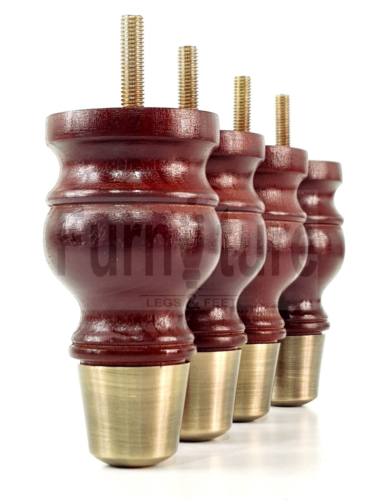 4x Turned Wooden Furniture Leg Brass Slipper Cup Sofa, Chair Feet 110mm High M8