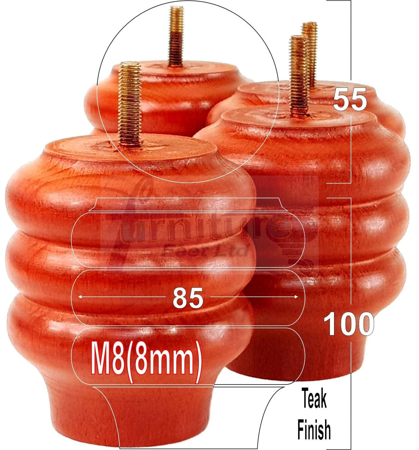 Set Of 4 Solid Wood Turned Furniture Legs Replacement Bun Feet 100mm High 8mm Thread