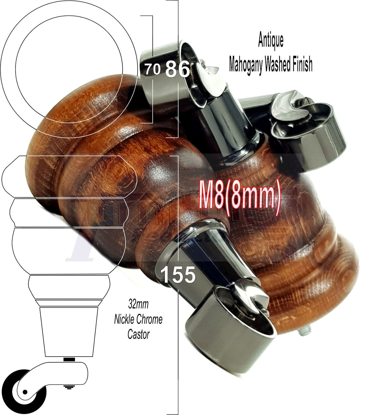 4 Turned Wooden Replacement Furniture Legs with Castors 6 Inch 155mm High Sofa Feet M8 Dowl Fixing - Black Castor
