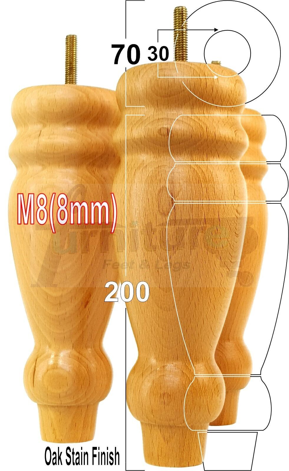 Set Of 4 Turned Furniture Legs Replacement Sofa Feet 200mm High M8 Thread
