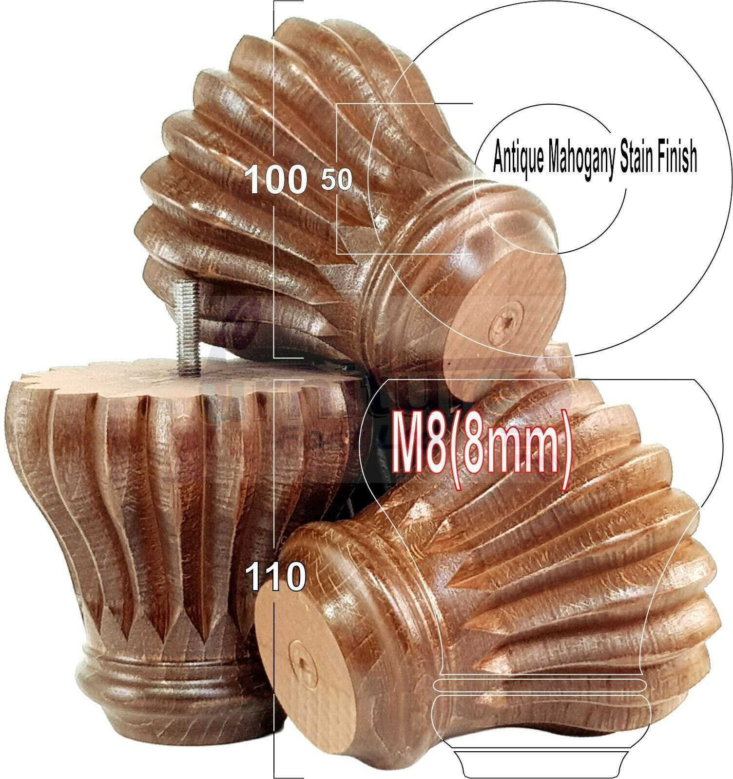 4 Grooved Replacement Furniture Bun Feet Multiple Colours Turned Wooden Legs 110mm High Settee Chairs Sofas Footstools Cabinets M8