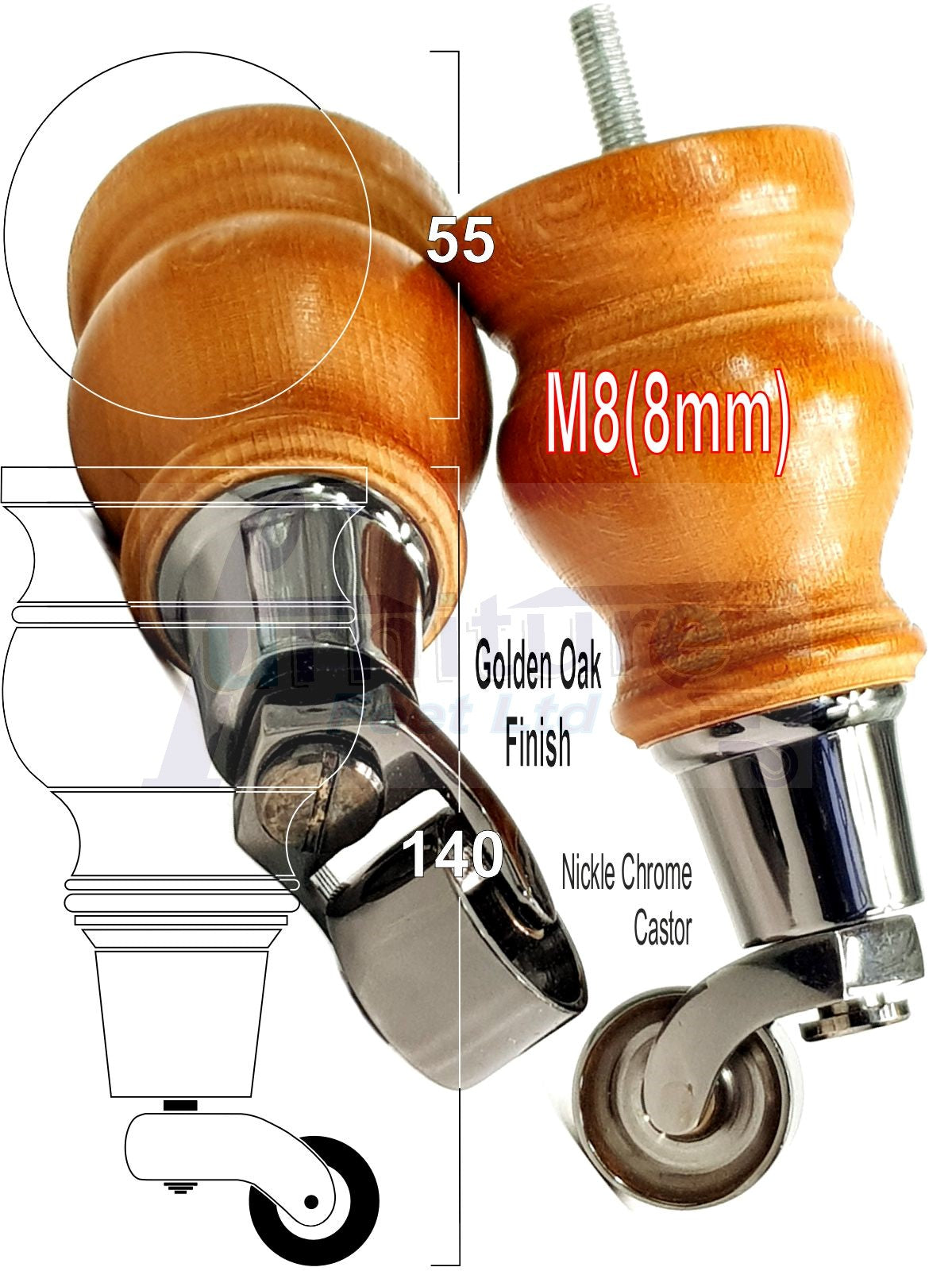 Set Of 4 Turned Wood Furniture Legs With Black Castor Wheels 140mm High M8(8mm)