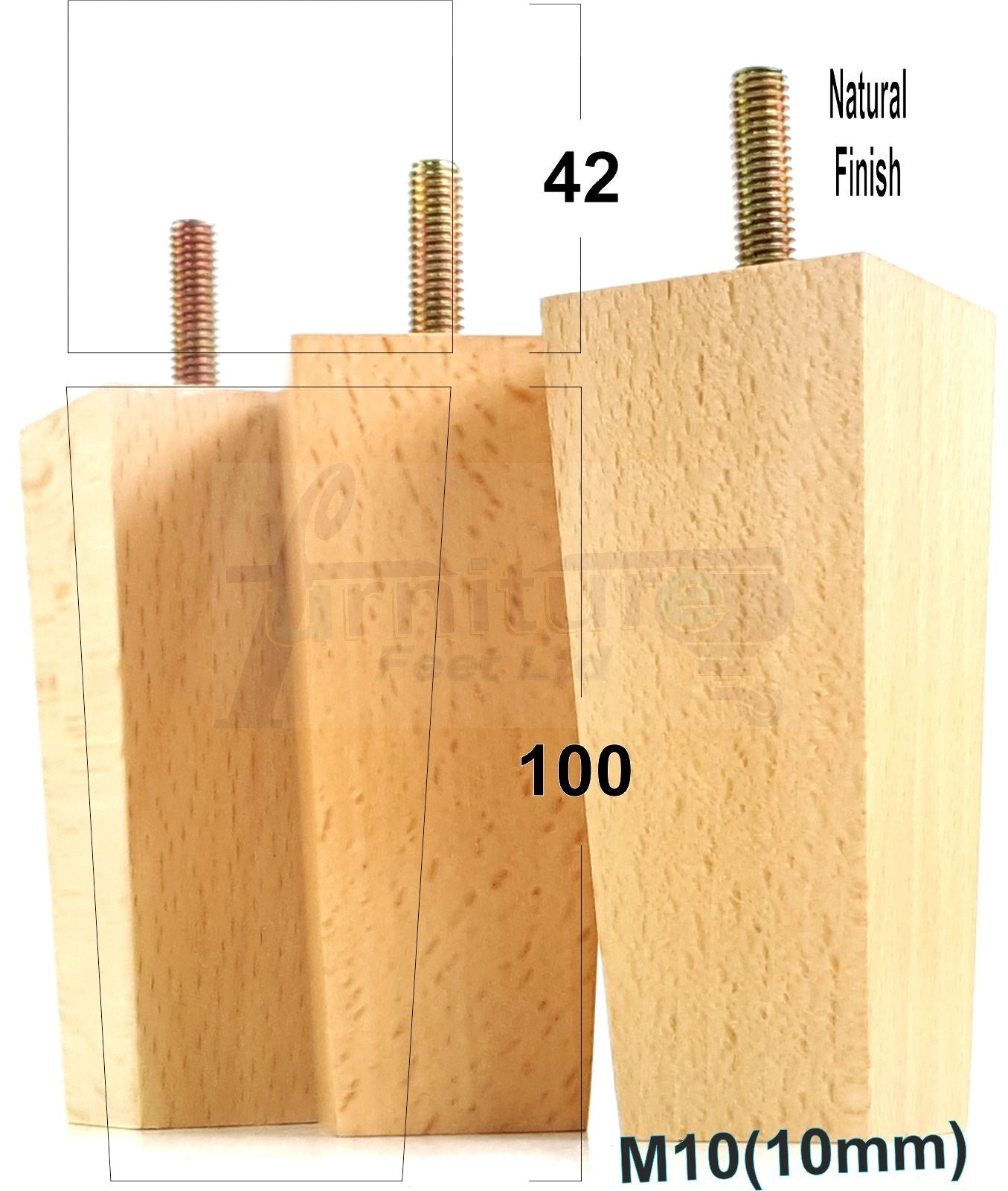 4x Solid Wood Block Furniture Legs Replacement Square Feet 100mm High M8 Thread